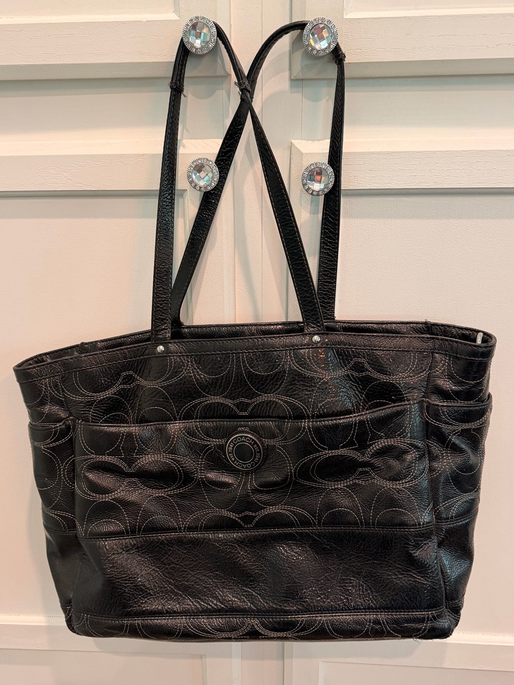 Authentic Coach Black Signature Embossed Patent Leather Tote/Diaper Bag